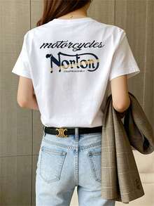 Women's Simple Short-Sleeve T-Shirt, Casual Daily Wear [Motorcycle Brand English Pattern 100% Pure Cotton Short-Sleeve T-Shirt] "Motorcycles " - A Combination Of Motorcycle Brand English And Slogan, Highlighting A Retro Motorcycle Style. Features A Relaxed, Casual Silhouette, Breathable And Skin-Friendly Fabric, Soft, Cute, Easy To Match, Durable, And Long-Lasting. Machine Washable, Perfect For Everyday Wear And Retro Casual Outfits. A Unique Item For Those Who Love Motorcycle Elements. - trắng - Xem 1