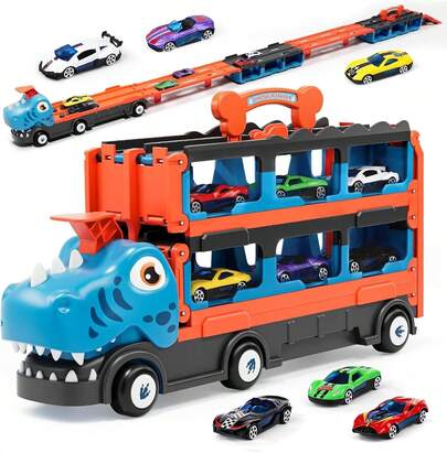 Lehoo Castle Coches de Juguete, Juguete 5 en 1 Vehículo de Transporte de Energía por Fricción con Luz y Sonido, Camión de Juguete para Niñas, 4 Coches Retiradizos