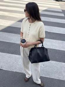 Round Neck Solid Color Pearl Button Short Sleeve Casual Versatile Knit Cardigan, Loose Fit, Suitable For Everyday Wear White Spring - White - View 6