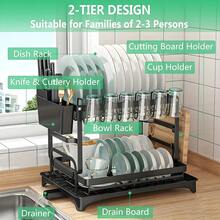 Stozle Two-Level Dish Drying Rack For Kitchen Surfaces, Dish Drainer With A Drainboard, Metal Kitchen Dish Holder With Drainage, Two-Tier Kitchen Drying Rack, Black Dish Holders - 查看 8
