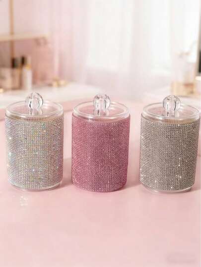 1 قطعة - صندوق تخزين أعواد القطن المرصع بالراين متعدد الألوان، صندوق تخزين أعواد القطن مع غطاء محكم لمنع الغبار، صندوق تخزين إكسسوارات منزلي إبداعي، مناسب للتخزين في الحمامات والغرف وطاولات التزيين والمطابخ والثلاجات.