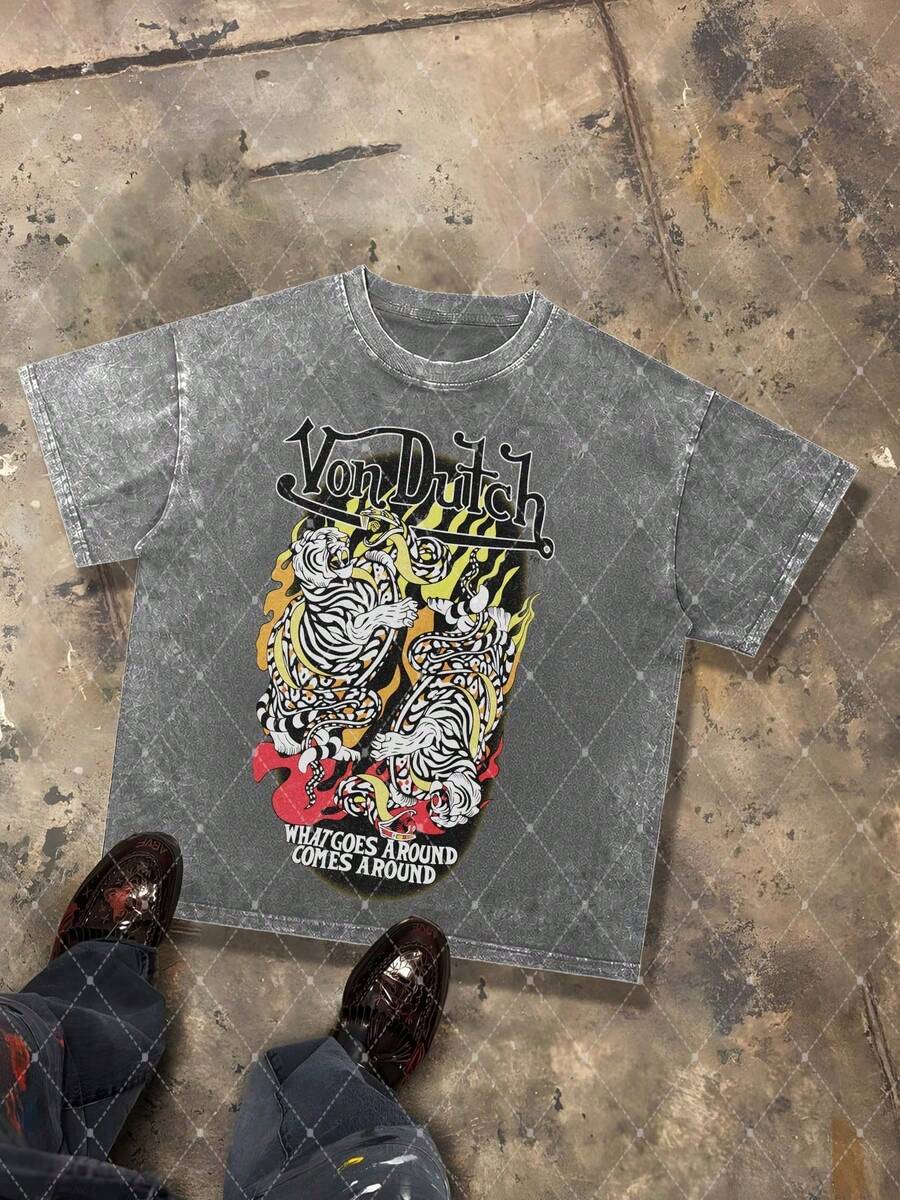 CHAOSHU Van Dutch Tiger Flame What Goes Around Graphic Men's 230g Combed Washed Cotton T-Shirt, Street Short-Sleeve Top, Japanese Tattoo Retro Style Apparel, Spring Summer Crew Neck Top, Suitable For Summer Daily Casual Wear - 灰色 - 查看 1