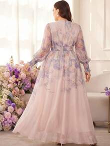 Plus Size Women Shirred, Cuff Drawstring, Random Floral Print Elegant Maxi Dress Vacation Spring - Apricot - View 2