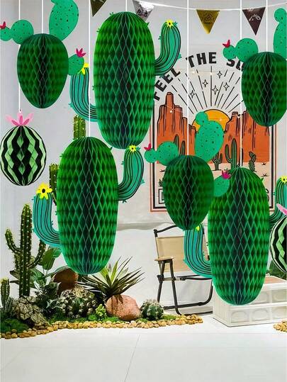 6pcs Green Paper Honeycomb Cactus Hanging Decor, Green Cactus Honeycomb Hanging Ornaments, Birthday Party Theme Decorations, Mexican Style Party Supplies, Tropical Green Paper Cactus Honeycomb Props With Pink Flowers And Leaves, Suitable For Indoor Celebration, Summer Party And Theme Party, Mexican Tropical Rainforest Paper Cactus Honeycomb, Ideal For Bedroom Window Wall Decor, Birthday Party Theme, Hawaiian Party Decorations