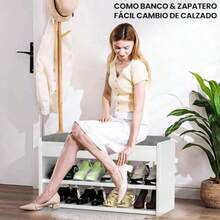 Banco Zapatero de 3 Niveles Zapatera Madera de Tres Capas Organizador de Zapatos Multifuncional con Asiento Acolchado de Espuma Zapatero Entrada para Entrada Puerta Pasillo 80 * 30 * 40.5 cm - Gris - Ver 2