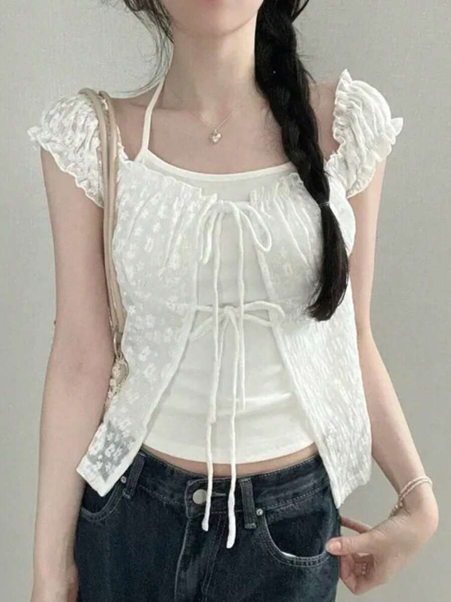 女士韩版温柔二合一蕾丝系带法式衬衫 白色夏季 - 白色 - 查看 1