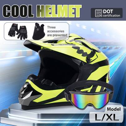 DOT Certified Off-Road Helmet Set Black Green Color Size L With Goggles Gloves Mask For Adult ATV UTV Dirt Bike