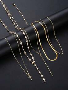 5pcs Fashionable Minimalist Cross Pendant, Faux Pearl Y-Necklace Set, Gold Tone, Layered Necklace For Women, Suitable For Vacation, Date, Party, Birthday, Christmas Gift, Versatile Daily Wear - 黃金 - 查看 4