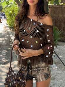 2026 Women's Spring/Summer Vacation Sequin Decor Hollow-Out Knit Asymmetric Tassel Hem Cover Up - Coffee Brown - View 4