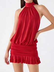 Women's Halter Mini Dress Summer Fashionable Solid Color Sleeveless Backless Ruffle Hem Dress - Red - View 2