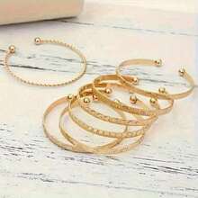 7pcs Exaggerated Personalized Hammered Hexagram & Cable Open Bangle Bracelet Set - 金子 - 查看 6