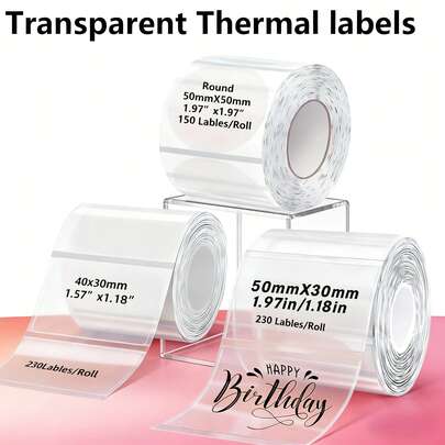 Transparent Round/Square Thermal Label Paper, Specifications: Round 50*50Mm (150 Sheets Per Roll), 40*30Mm (230 Sheets Per Roll), Transparent Unprinted Stickers