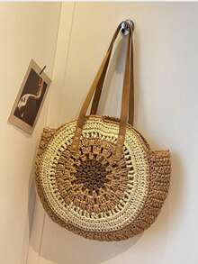 Sac de plage rond classique tressé pour femmes, sac bandoulière en paille, sac à main pour femmes, accessoires de plage, fournitures de plage, nécessité d'été, sac de vacances, élément essentiel des vacances, parfait pour les voyages, les vacances et la plage - Marron - Voir 3
