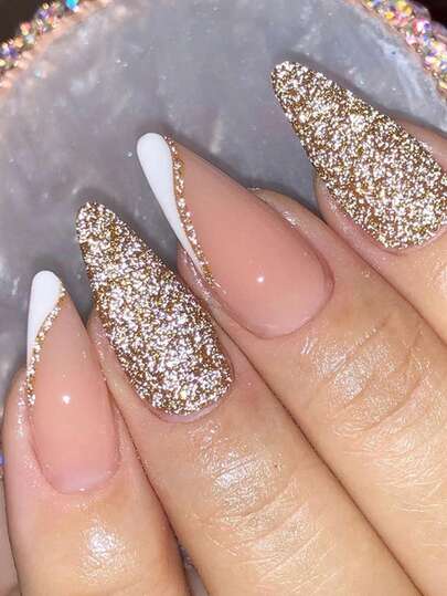 24pcs Medium Size Almond Shaped Press-On Nails, With Fine Glittery Gold Particles And French Tip Gold Line Decor, Elegant Luxurious Stiletto Nails, Suitable For Parties And Formal Events