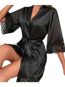 Satin Lace Trim Women's Robe, Bridal Robe Bridesmaid Gift, Lace Sleepwear Tie Casual Robe, Summer Robe, Back To School Robe - Black - View 4