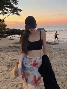 女士方领吊带背心，带衬垫胸罩，露背无缝吊带衫 - 黑色 - 查看 1