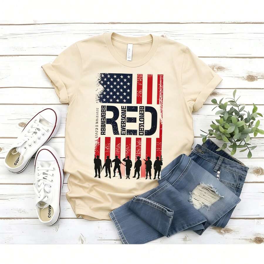 Women's "RED Remember Everyone Deployed" Patriotic Military Support Graphic Crew Neck T-Shirt, Casual Short Sleeve Tee - 杏色 - 查看 1