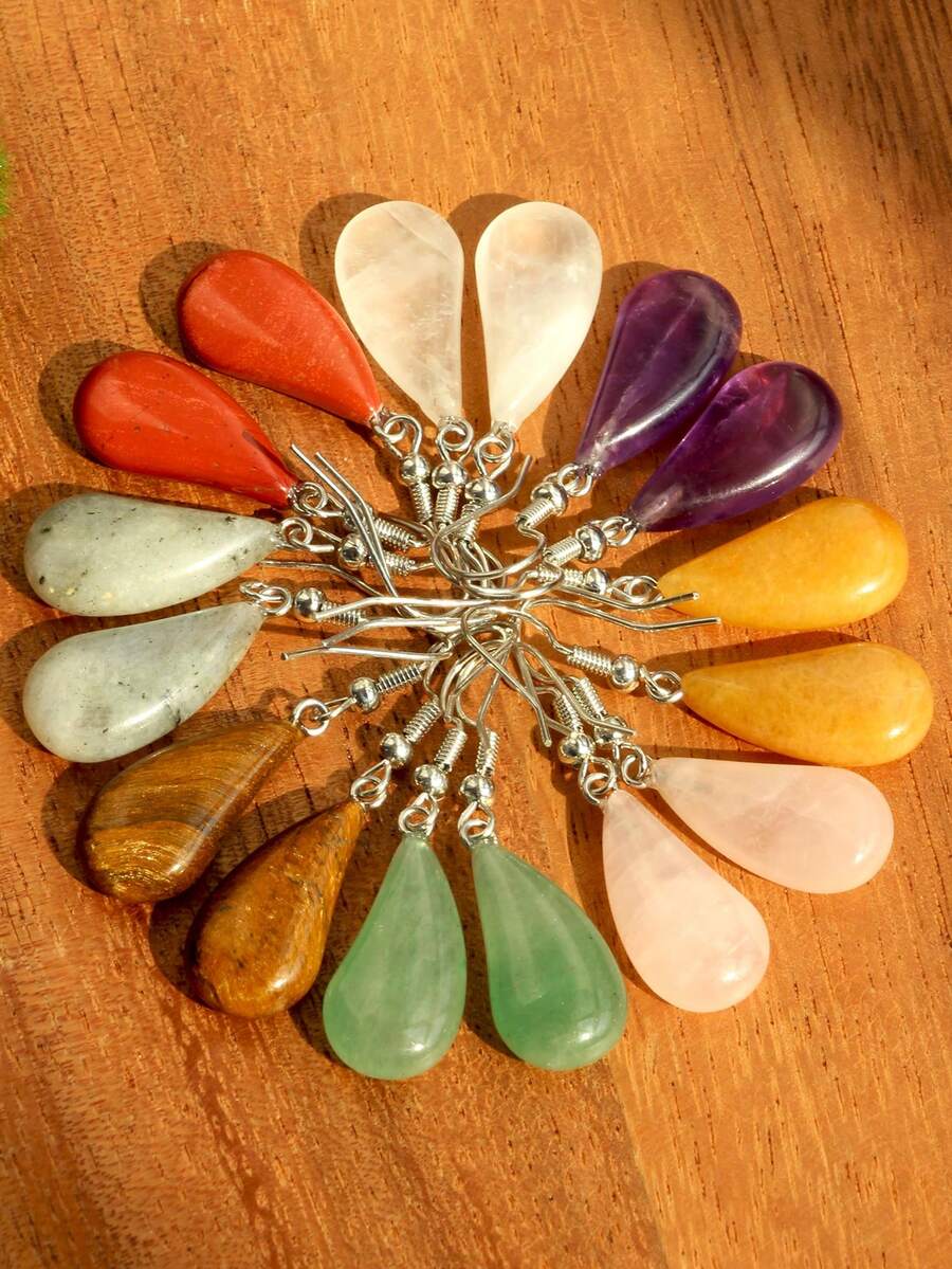 Fashionable Teardrop Natural Stone Earrings, Bohemian Style Amethyst & Feldspar & Red Stone Dangle Earrings, Delicate Beach Holiday Jewelry - Multicolor - View 1
