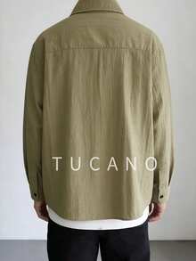 Tucano Camisa abotonada con textura arrugada de color oliva estilo "Old Money" para hombre, casual de negocios, de manga larga tipo sobrecamisa con bolsillo en el pecho, para oficina y uso diario refinado - Caqui - Ver 4