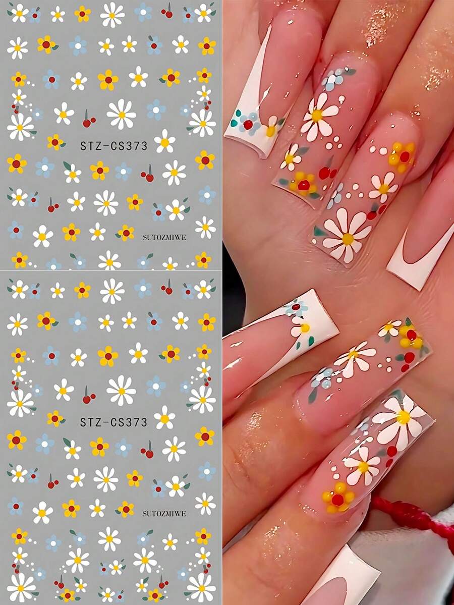 2pcs Daisy Blooming Flower Spring Nail Art Sticker Watercolor Wildflowers Five-Petaled Flower Summer Nail Slider Wedding Nail Supplies Nail Art Design Decor Accessories - Multicolor - View 1