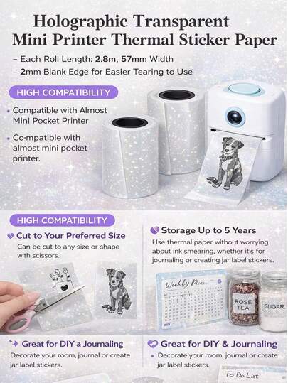 Mini Printer Paper,Self-Adhesive Transparent Paper 5.7 X 2.5cm,Thermal Inkless Sticker Paper For Mini Portable Blue-Tooth Receipt Printer To Print Photo,Label,Note,Memo