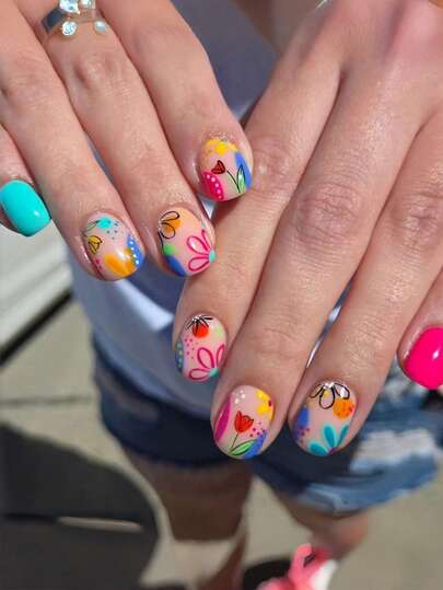 24 Pieces Of Colorful Flower Nail Stickers, Short Square-Shaped Fun Artificial Nails, Lively Summer Style, Combining Bright Lake Blue And Rose Red Solid-Colored Nail Pieces, Paired With Nude Base's Colorful Flower Pattern, Short Artificial Nails, Acrylic Artificial Nails, Nail Care Products, Very Suitable For Daily Commuting, Summer Beach, Parties, Festival Activities, And Also A Fun Gift For Relatives And Friends Who Love Nail Art.
