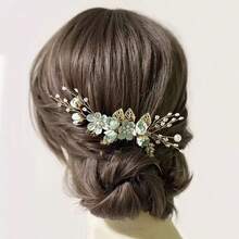 1pc Vintage Gold Wire Light Green Flower Faux Pearl Beaded Handmade Hair Comb Headpiece, Boho Bridal Headdress, Suitable For Weddings, Bridesmaids, Galas, Birthday Parties, Summer - Green - View 1