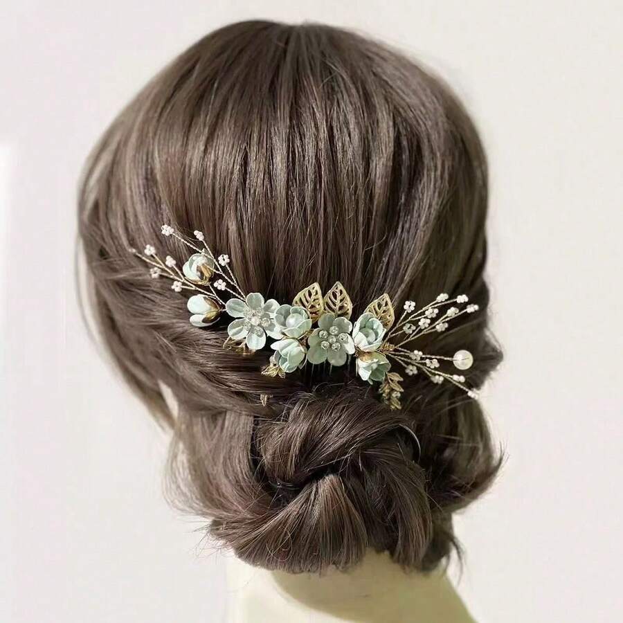 1pc Vintage Gold Wire Light Green Flower Faux Pearl Beaded Handmade Hair Comb Headpiece, Boho Bridal Headdress, Suitable For Weddings, Bridesmaids, Galas, Birthday Parties, Summer - Green - View 1
