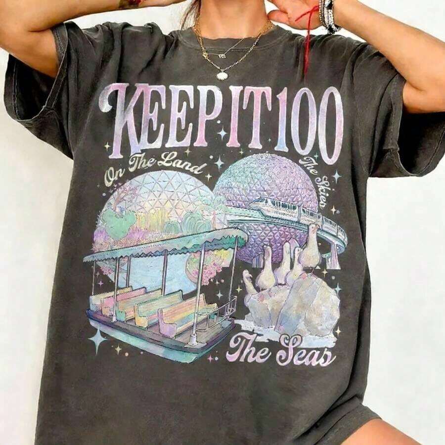 Cotton Tops Women,Keep It 100 Shirt, The Land The Seas The Skies WDW Tshirt, Retro Magic Kingdom Theme Park Tee, WDW Family Trip Gift, Magic Kingdom Shir Print Y2K Crew Neck T Shirt For Women, Holiday, Vacation, Spring, Festivalropa De Verano Mujer,Easter Outfit Women - 黑色 - 查看 1