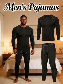 Men's Plus Size Fleece Lined Thermal Underwear, 2-Piece Compression Base Layer Set, Long Sleeve Top & Pants, Warm Loungewear For Running, Yoga, Basketball & Winter Activities - Dark Gray - View 1