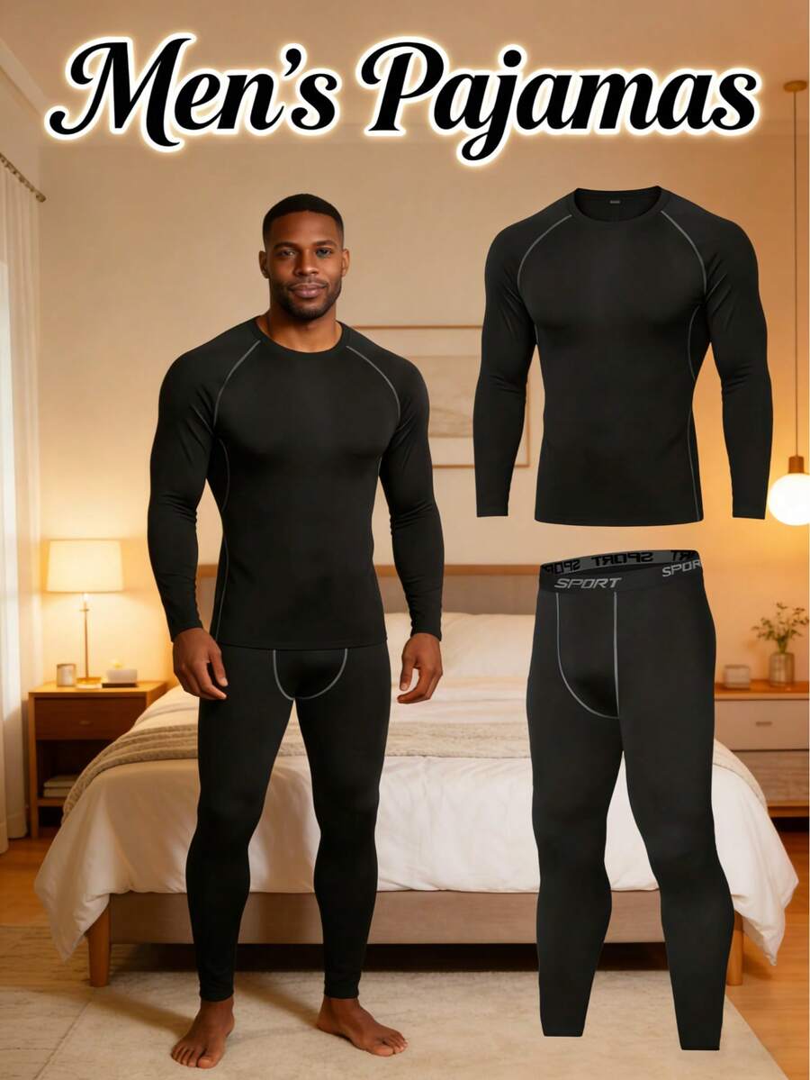 Men's Plus Size Fleece Lined Thermal Underwear, 2-Piece Compression Base Layer Set, Long Sleeve Top & Pants, Warm Loungewear For Running, Yoga, Basketball & Winter Activities - Dark Gray - View 1