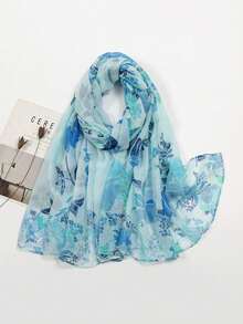 1条新款蓝色印花丝巾，轻盈透气，优雅时尚，女士防晒沙滩旅行围巾，巴厘岛雪纺休闲薄款女士围巾披肩 - 彩色 - 查看 6