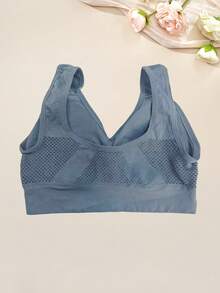 1pc Women's Wireless Compression Sports Bra, Racerback Style Workout Yoga Running Bra, Full Coverage - Dusty Blue - View 2