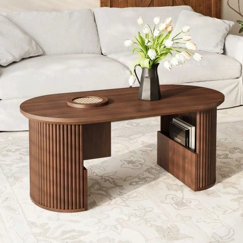 Modern Coffee Table In Retro Style, Walnut Coffee Table With Vertical Texture, Dimensions: 105 Cm (Length) X 50 Cm (Width) X 46.5 Cm (Height). - Rust Brown - View 1