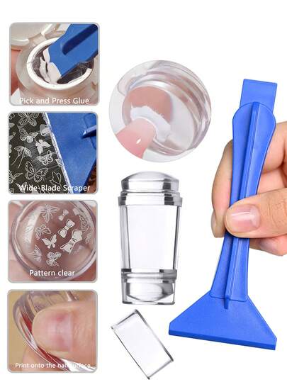 Bộ dụng cụ làm móng nghệ thuật gồm khuôn dập silicon xoay và dụng cụ cạo hai đầu, một dụng cụ cạo móng, một khuôn dập xoay đa chức năng với kích thước họa tiết có thể điều chỉnh, khả năng in dễ sử dụng, thích hợp cho dụng cụ làm móng chuyên nghiệp tại salon, dụng cụ làm móng, thích hợp cho việc tự làm móng acrylic, quà tặng làm đẹp cho phụ nữ.