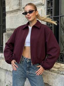 Chaqueta con bolsillo con cremallera para mujer en color burdeos - Abrigo casual de solapa holgada para primavera y otoño - Burdeos - Ver 2