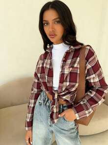 Women's Comfortable Casual Retro Plaid Front Button Pocket Long Sleeve Shirt, New Spring Style, Popular Spring Jacket Vacation - Wine Red - View 5