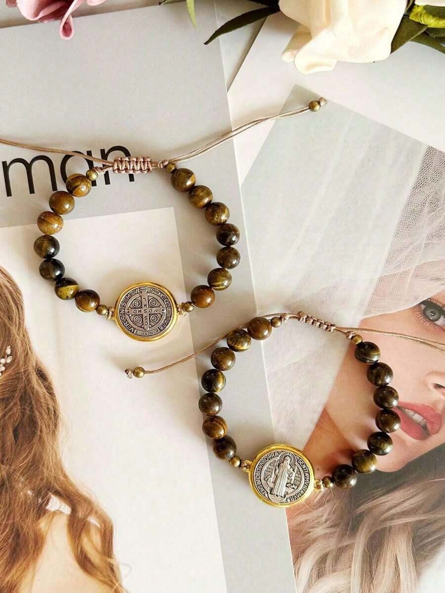 2Pcs San Benito Bracelets Tigher Eye Adjustable Bracelet For Men Girls Boys The Saint Benedict Medal Pendant Protection Blessing Charm Catholic San Benito Handmade Matching Bracelets Couples Valentine Day Gift - Brown - 查看 1