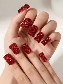 Handmade Short Duckbill Press On Nails, Red Gemstone Embellishments, Sparkling Crystals, Glamorous Nail Art, Special Occasions Summer - 乾枯玫瑰色 - 查看 1