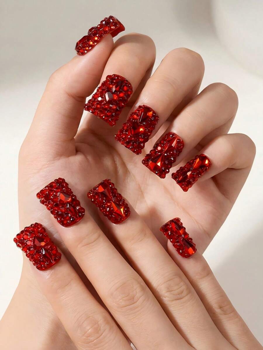 Handmade Short Duckbill Press On Nails, Red Gemstone Embellishments, Sparkling Crystals, Glamorous Nail Art, Special Occasions Summer - 乾枯玫瑰色 - 查看 1