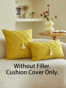 1pc Yellow Pleated Tassel Patchwork Decorative Pillow Cover, Suitable For Indoor Decor, All Season Pillow Sham, Pillow Insert Not Included - Yellow - View 3