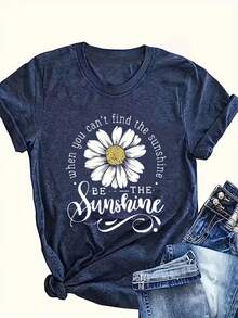 Women's Cotton Blend T Shirt  Short Sleeved Soft Loose Fit Daisy Print T Shirt With 'Be The Sunshine' Quote Lightweight Stretch Top Suitable - 藏蓝色 - 查看 1