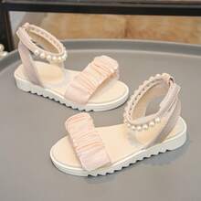 1 Pair Of Elegant Pink Girls' Sandals, With A Satin Pleated Design, Ankle Pearls, Hook And Loop Closure, Suitable For Spring And Summer, Ideal For Travel, Attending Parties, And As A Holiday Gift. - Pink - View 10