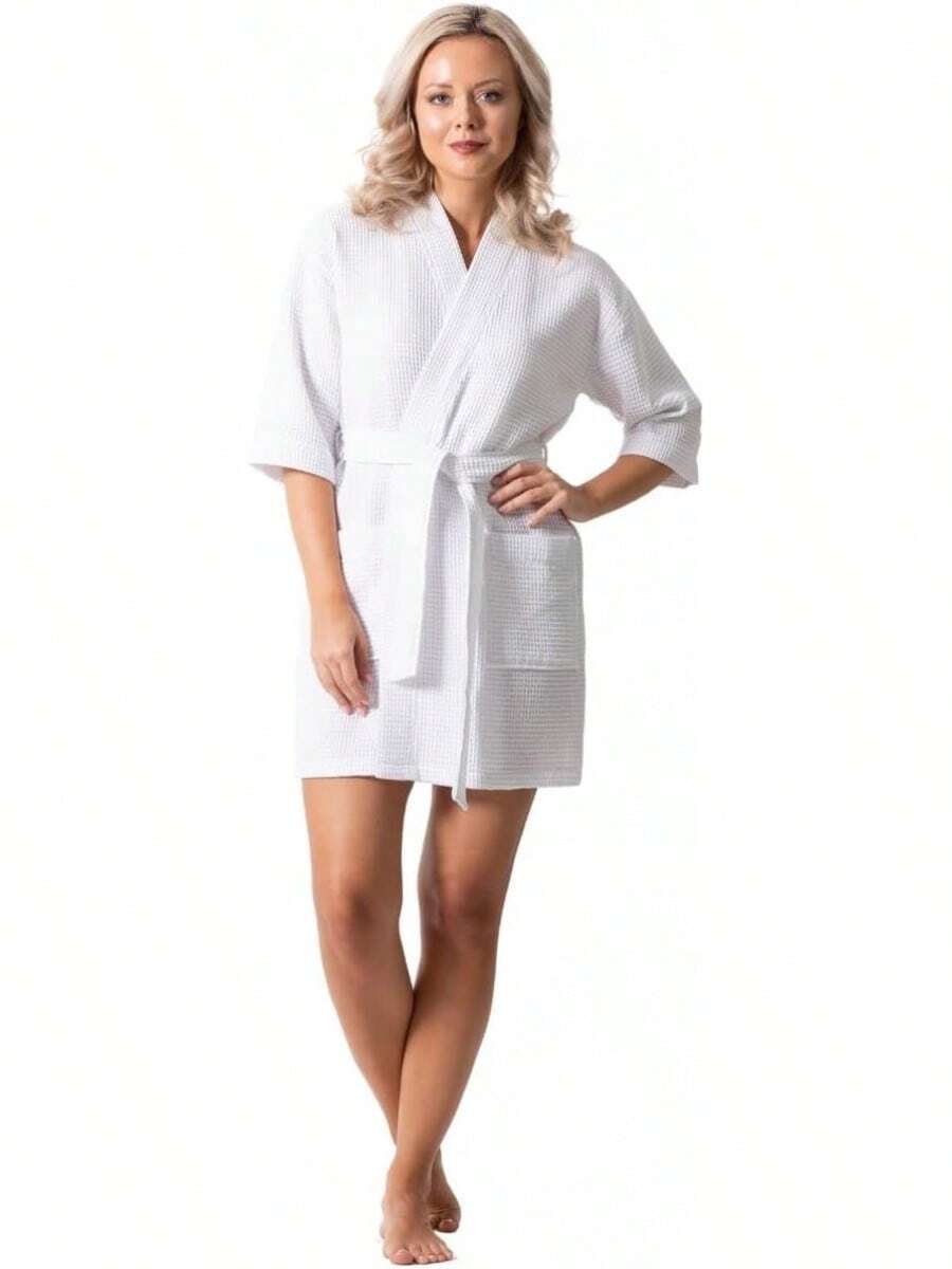 Turkish Cotton Waffle Knit Robe For Women, Lightweight Quick-Dry Short Kimono, Super Soft Spa & Bathrobe With Pockets - Vitt - Visa 1