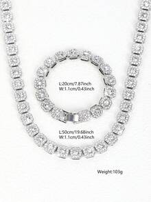 2pcs/Set HIP HOP Men's Chain Shape Inlaid Rhinestone Bracelet Necklace Miami Daily Necklace Party Accessories Perfect Jewelry - Silver - View 4