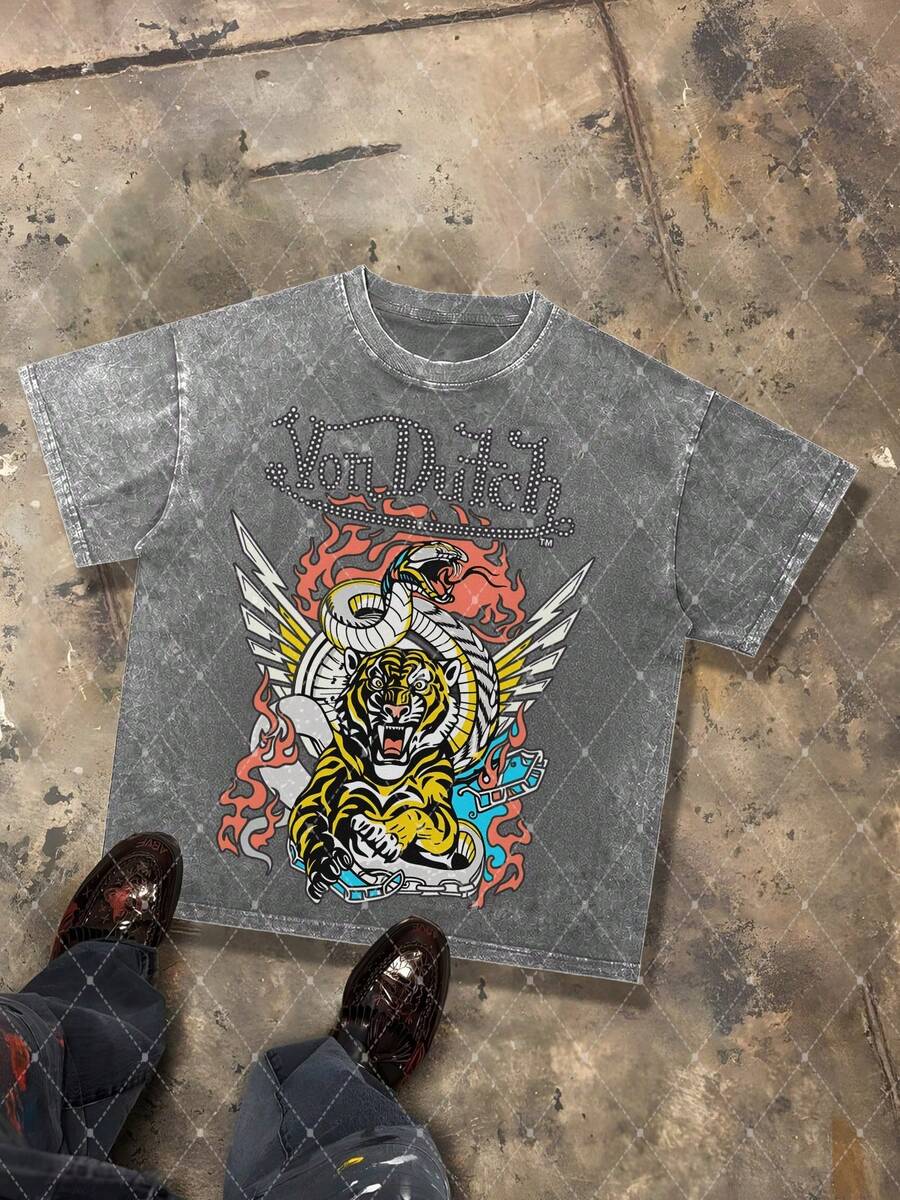 Van Dutch Rhinestone Tiger Snake Flame Graphic Men's 230g Combed Washed Cotton T-Shirt, Street Short-Sleeve Top, Biker Tattoo Vintage Style Apparel, Spring Summer Crew Neck Top, Suitable For Summer Daily Casual Wear - 灰色 - 查看 1