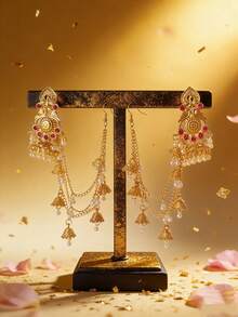 宝莱坞风格耳环，合金链搭配仿珍珠流苏发链装饰吊坠耳环，适合女性日常佩戴、婚礼、派对、节日配饰 - 孔雀款掛鏈耳環 - 查看 10