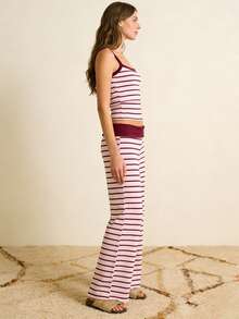 Conjunto de pijama de dos piezas para mujer, a rayas: camiseta sin mangas tipo camisola y pantalón holgado. Pijama suave para dormir. - Violeta - Ver 6