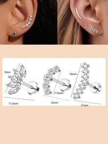 3 piezas de 16G Pendientes de cartílago de espalda plana para mujeres, conjunto de pendientes de oreja de acero inoxidable con ópalo CZ y concha, pendientes de hélice y trágus, pendientes de barra con diseños de flor, serpiente y hoja - pendiente de plata - Ver 2