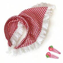 3pcs Bandana, Headband & Hair Clip Set, Ruffled Plaid Headband, Sweet & Cute Countryside Style Girl Photo Props - Red - View 14